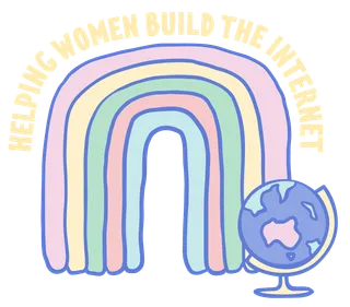 Helping women build the internet — a rainbow and globe illustration