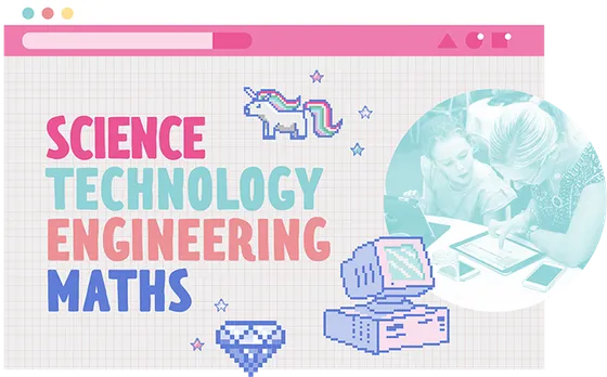Science, Technology, Engineering, Maths — a pixel-art computer screen