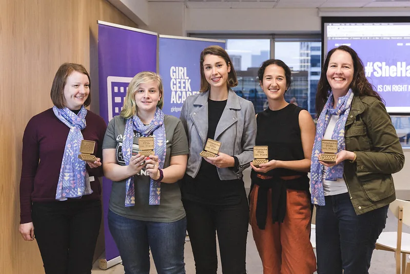 Five women holding their #SheHacks 2016 trophies